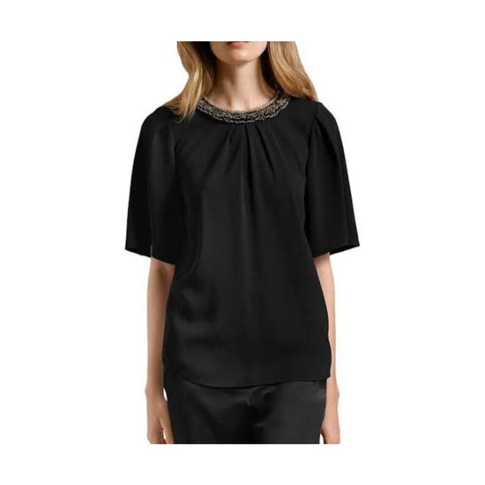 HALSTON Black Embellished Neckline‎ Flutter Sleeve Blouse Top Women's XS